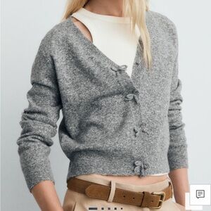 Mango Gray Women's Cardigan Sweater V-NECK WOOL-BLEND CARDIGAN